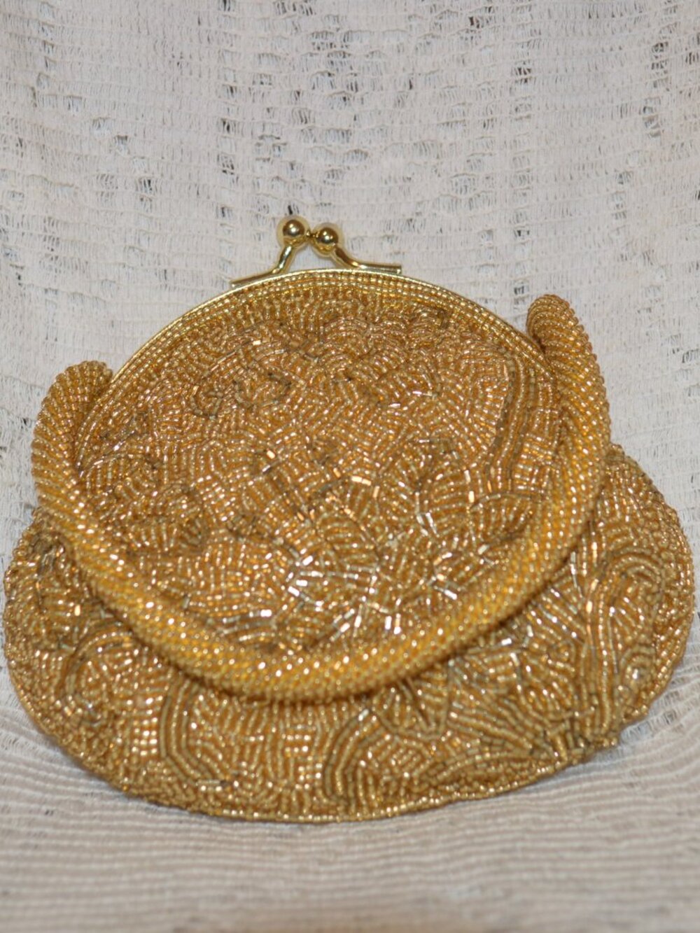 La Regale Small Gold Evening Bag Beaded Kisslock Closure